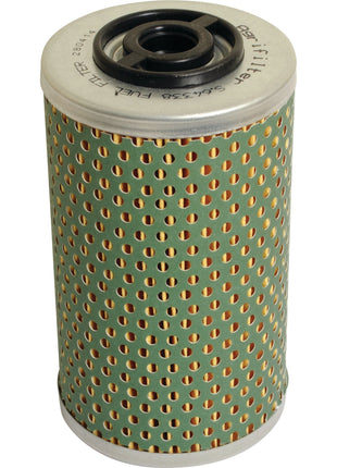 A cylindrical Sparex (Part No. S.64338) fuel filter with a perforated green exterior and black inner ring is shown. The top end of the filter has inscriptions and a central opening, suitable for Claas DOMINATOR models.