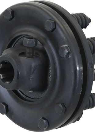 Close-up of a PTO Friction Clutch (U/J Size: 32 x 76mm), S.6448 by Sparex, showcasing its black metal mechanical design with bolts and a central cylindrical structure, likely part of an industrial machine or vehicle assembly, featuring precise torque settings.