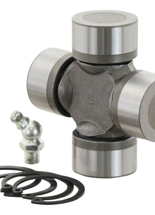 The Sparex Universal Joint - 32 x 76mm (Standard Duty) | Sparex Part No.S.6450, featuring a cross-shaped metal structure with bearings at each end, comes equipped with snap rings and a grease fitting for smooth operation. Perfectly matches model AW35/W2400.