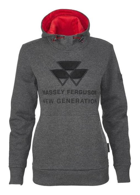 The AGCO Massey Ferguson Ladies Hoodie - X993321703 is a casualwear piece crafted from grey jersey, featuring a red-lined hood and adorned with the Massey Ferguson logo, "Massey Ferguson New Generation" text, and three black geometric shapes on the chest.