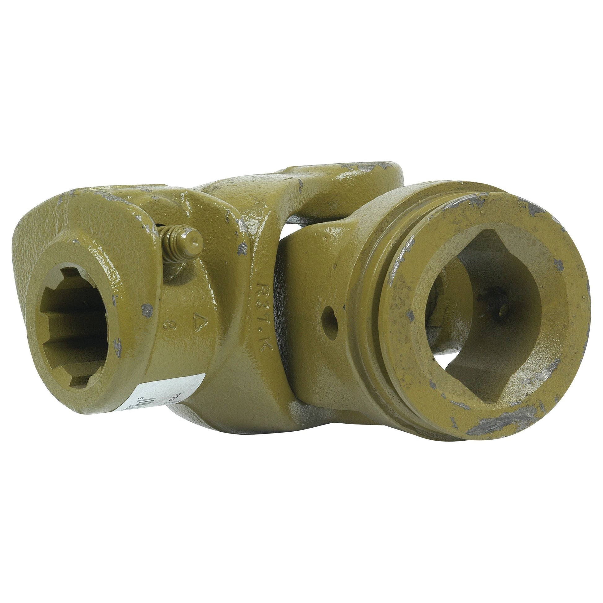 A yellow, heavy-duty PTO Coupling from the Sparex brand, featuring hexagonal openings and metal connectors. This component belongs to the Sparex Part No.S.6490 in the PTO Series and includes a 1 3/8''-6 Spline with a lemon profile, measuring 27 x 74.5mm for U/J size and 49 x 39.5 x 4.5mm overall.
