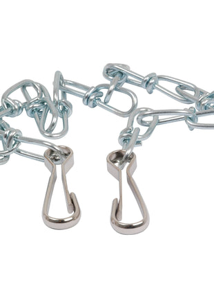 The Sparex Chain Assembly for PTO Guard 695mm (Sparex Part No. S.6583) is a short metal chain with evenly spaced, interconnected links and two sturdy silver hooks at each end.