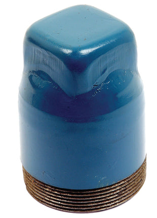 Close-up image of a blue, metal PTO Cap by Sparex, Part No. S.65894, featuring a square-shaped cap and designed to protect the 65mm male thread on pipes or tubes during storage or transport. Known for its durability and ideal for use as a P.T.O. Cap.