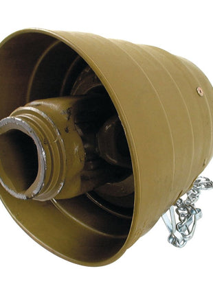 A brown conical metal object with a hollow center and a chain attached to its side, reminiscent of the PTO Wide Angle Joint from the Sparex Italian Series (Sparex Part No. S.6647).