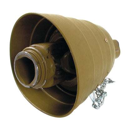 A brown conical metal object with a hollow center and a chain attached to its side, reminiscent of the PTO Wide Angle Joint from the Sparex Italian Series (Sparex Part No. S.6647).