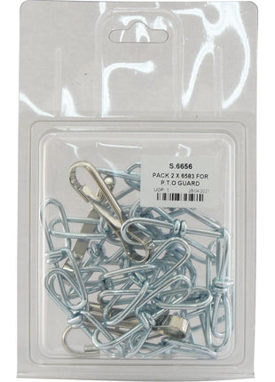 A sealed plastic pack containing multiple silver metal clips and hooks, with a label on the front displaying the product number Sparex Part No. S.6656 and details by Sparex, named PACK 2 X 6583 FOR P.T.O GUARD.