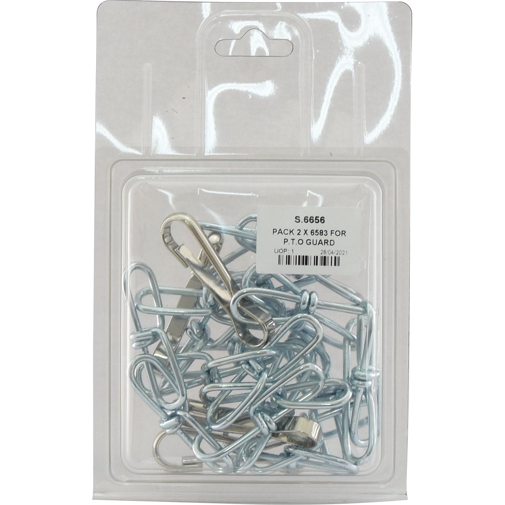 A sealed plastic pack containing multiple silver metal clips and hooks, with a label on the front displaying the product number Sparex Part No. S.6656 and details by Sparex, named PACK 2 X 6583 FOR P.T.O GUARD.