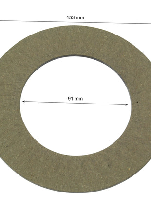 The PTO Friction Disc Only, Sparex Part No. S.6689, from Sparex is a round, flat washer with an outer diameter of 153 mm and an inner diameter of 91 mm. The disc is grayish-green in color and has a coarse texture.