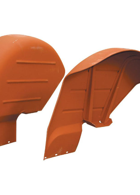 The Sparex Fender Set (RH & LH), or Sparex Part No.S.67169, features two orange metal fenders with grooved patterns designed to protect vehicles and enhance their aesthetics. Displayed against a plain white background, these fenders are ideal for tractors such as Massey Ferguson or Ford New Holland, showcasing both durability and style.