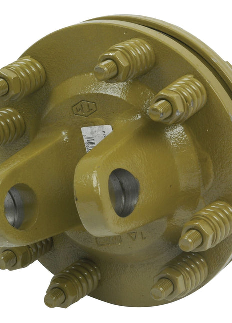 A PTO Friction Clutch (U/J Size: 35 x 106.5mm) with multiple threaded bolts and two large holes, painted in yellow, viewed from an angle against a plain white background, reminiscent of the robust design seen in Sparex Italian Series equipment. Product Number: S.6732, Size: 1 3/4''-6 Spline.