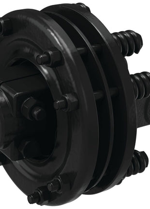 A close-up of the Sparex PTO Friction Clutch (U/J Size: 35 x 94mm; Size: 1 3/8''-6 Spline - S.6738), a black mechanical coupling device featuring multiple bolts and springs, designed for connecting machinery components and ensuring optimal torque transfer.