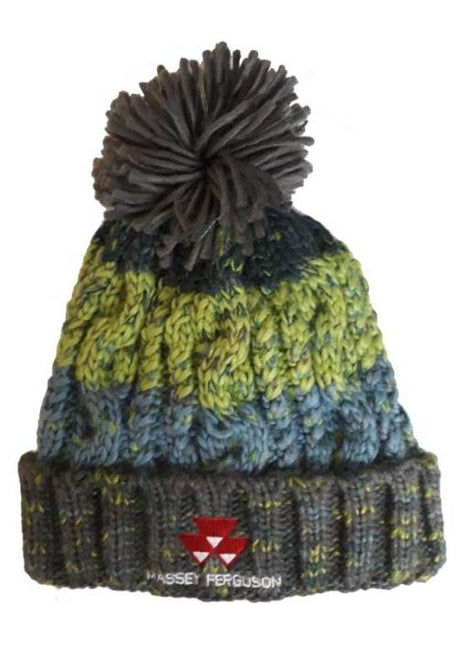 The JMCE Massey Ferguson Pompom Beanie - Adult - B486EG-MF features vibrant green and blue stripes with a sizable gray pom-pom on top. The folded brim proudly displays the Massey Ferguson logo. Made entirely from 100% cotton, this beanie offers both stylish flair and cozy comfort.