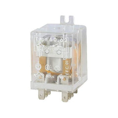 This Massey Ferguson - Relay - 60629012 by AGCO is a transparent plastic relay featuring metal prongs and exposed internal components. It is labeled with several electrical specifications, including a capacity of 10A and 250V AC, making it suitable for efficiently handling a wide voltage range.