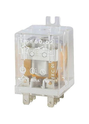 This Massey Ferguson - Relay - 60629012 by AGCO is a transparent plastic relay featuring metal prongs and exposed internal components. It is labeled with several electrical specifications, including a capacity of 10A and 250V AC, making it suitable for efficiently handling a wide voltage range.