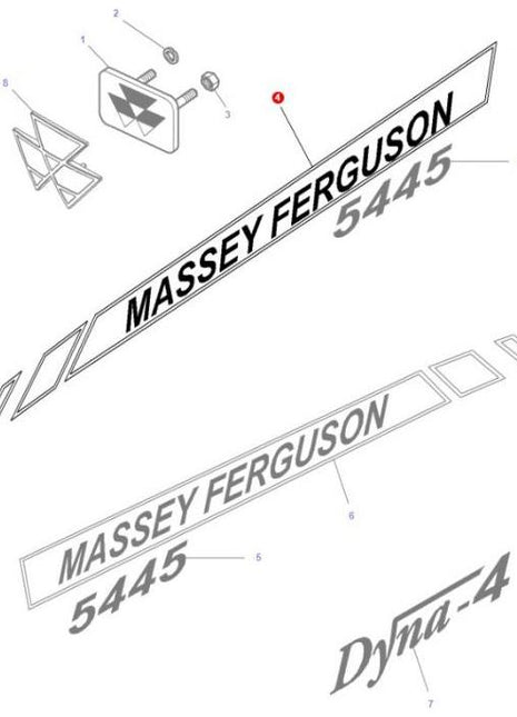 The Massey Ferguson 5445 Dyna-4 tractor decals and emblems, including the AGCO-branded Massey Ferguson - 5445 L/H Decal (4272557M2), are shown in a diagram with part numbers and locations for each component, similar to those in the 5400 Series.