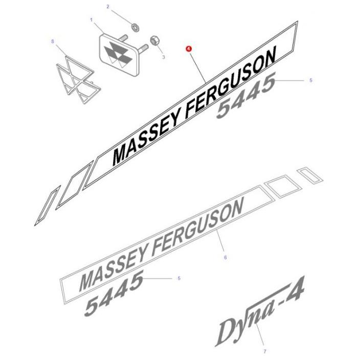 The Massey Ferguson 5445 Dyna-4 tractor decals and emblems, including the AGCO-branded Massey Ferguson - 5445 L/H Decal (4272557M2), are shown in a diagram with part numbers and locations for each component, similar to those in the 5400 Series.