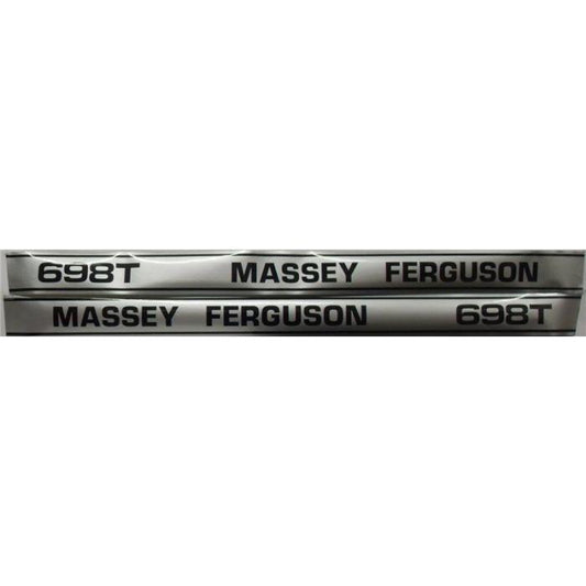 Two badges from the AGCO Massey Ferguson 698T Decal Kit (product number 3900371M91), featuring silver backgrounds and black lettering, are displayed horizontally, emphasizing their perfect fit on your equipment.