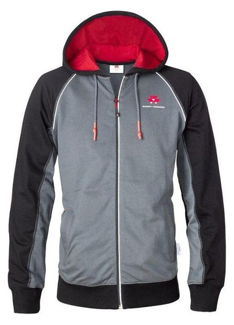 A Massey Ferguson - Hoodie - X993311902 by AGCO in black and gray, featuring red interior lining and drawstrings, a small logo on the left chest area, and reflective detailing for added visibility.