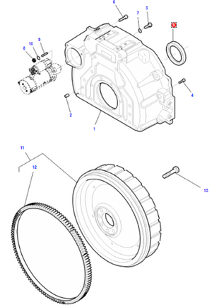 Exploded diagram showing components of a mechanical assembly, including bolts, a ring gear, a flywheel, and housing. Each part is numbered for identification. The AGCO crankshaft seal (Massey Ferguson - V837079705 - V614500002 - 837079705 - 614400002 - V837079705) is specifically highlighted as used in Massey Ferguson machinery.