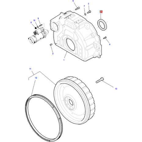 Exploded diagram showing components of a mechanical assembly, including bolts, a ring gear, a flywheel, and housing. Each part is numbered for identification. The AGCO crankshaft seal (Massey Ferguson - V837079705 - V614500002 - 837079705 - 614400002 - V837079705) is specifically highlighted as used in Massey Ferguson machinery.