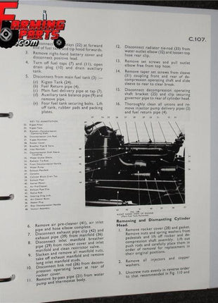 An instruction manual page titled "Removing and Dismantling Cylinder Head," providing step-by-step instructions and a black-and-white image of Massey Ferguson TE20 machinery. An AGCO farming parts logo is visible in the top left corner, similar to what you would find in a detailed Massey Ferguson - TE20 Workshop Manual - 819135M1.