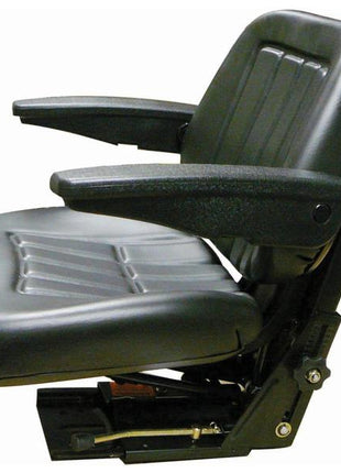 Introducing the Sparex Seat Assembly (Sparex Part Number: S.71053) by Sparex: a black adjustable industrial seat featuring fold-up armrests, a cushioned backrest, and an adjustable angle base, designed for machinery or heavy-duty vehicles.