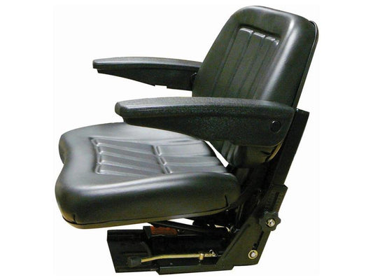 Introducing the Sparex Seat Assembly (Sparex Part Number: S.71053) by Sparex: a black adjustable industrial seat featuring fold-up armrests, a cushioned backrest, and an adjustable angle base, designed for machinery or heavy-duty vehicles.
