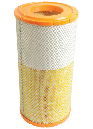 The Sparex Outer Air Filter (Part No. S.73147) boasts an orange top and bottom, complemented by white and yellow pleated filter material encased in a metal mesh, making it perfect for various agricultural equipment.