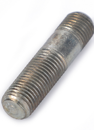 An AGCO Massey Ferguson stud bolt, model 731656M1, featuring threaded metallic ends, is placed on a white background.