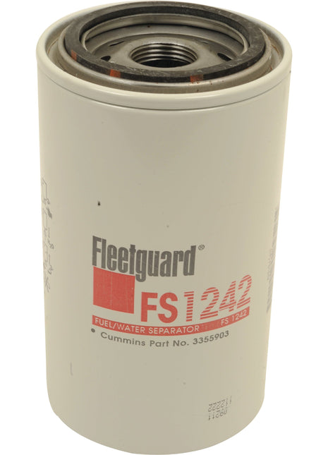 A Sparex S.73471 fuel/water separator filter (Fuel Separator - Spin On - FS1242) with a white cylindrical body and black top. The label includes its part number, brand name, and highlights its Micron Rating 20.