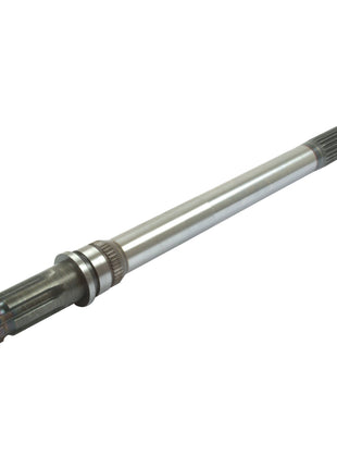 A metal drive shaft, featuring a cylindrical body with multiple grooves and splines at both ends, commonly used in Massey Ferguson tractors for various mechanical applications, is available as the Transmission PTO Output Shaft under Sparex Part No.S.74748 from the brand Sparex.