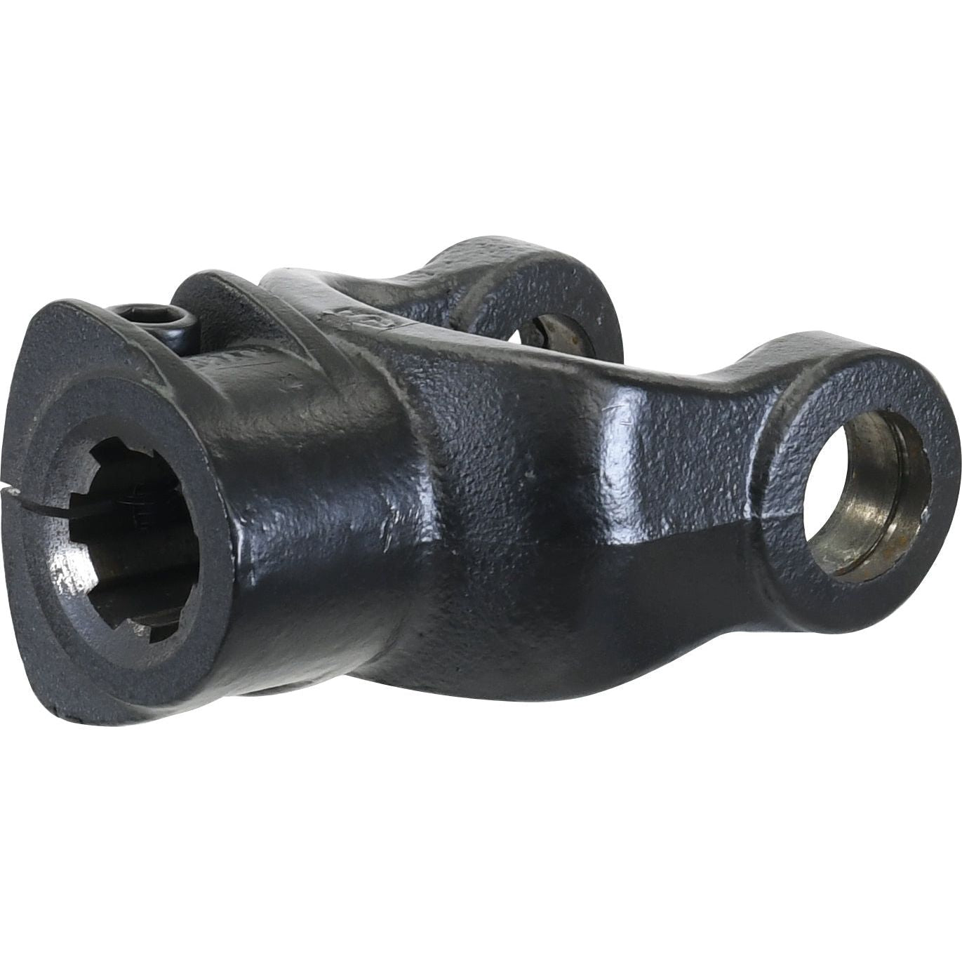 A close-up image of the black metallic PTO Yoke - Interfering Clamp Bolt from Sparex, featuring a socket and a bolt hole. (U/J Size: 35 x 106.5mm) Size: 1 3/8''-6 Spline | Sparex Part No.S.7508