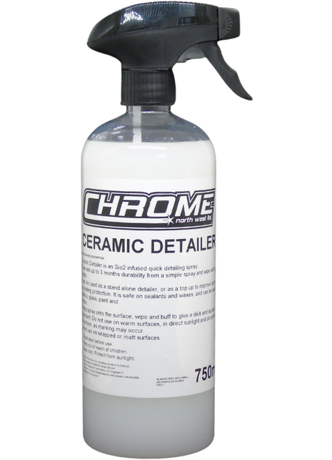 A 750ml spray bottle labeled "Chrome - Ceramic Detailer" from JMCE DEALS, featuring detailed instructions and product description on the label. Engineered with a black trigger spray nozzle, this quick detailing spray guarantees a pristine finish for your vehicle.