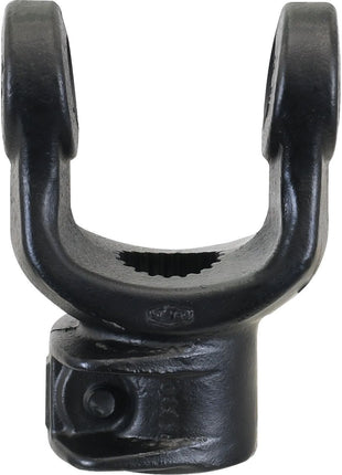 The Sparex PTO Yoke - Interfering Clamp Bolt (Sparex Part No.S.7512), features a black metal construction with a pronged structure at the top and a slot for attachment at the base, and is compatible with Universal Joint systems of size 23.8 x 61.2mm, fitting a 1 3/8''-21 spline shaft.