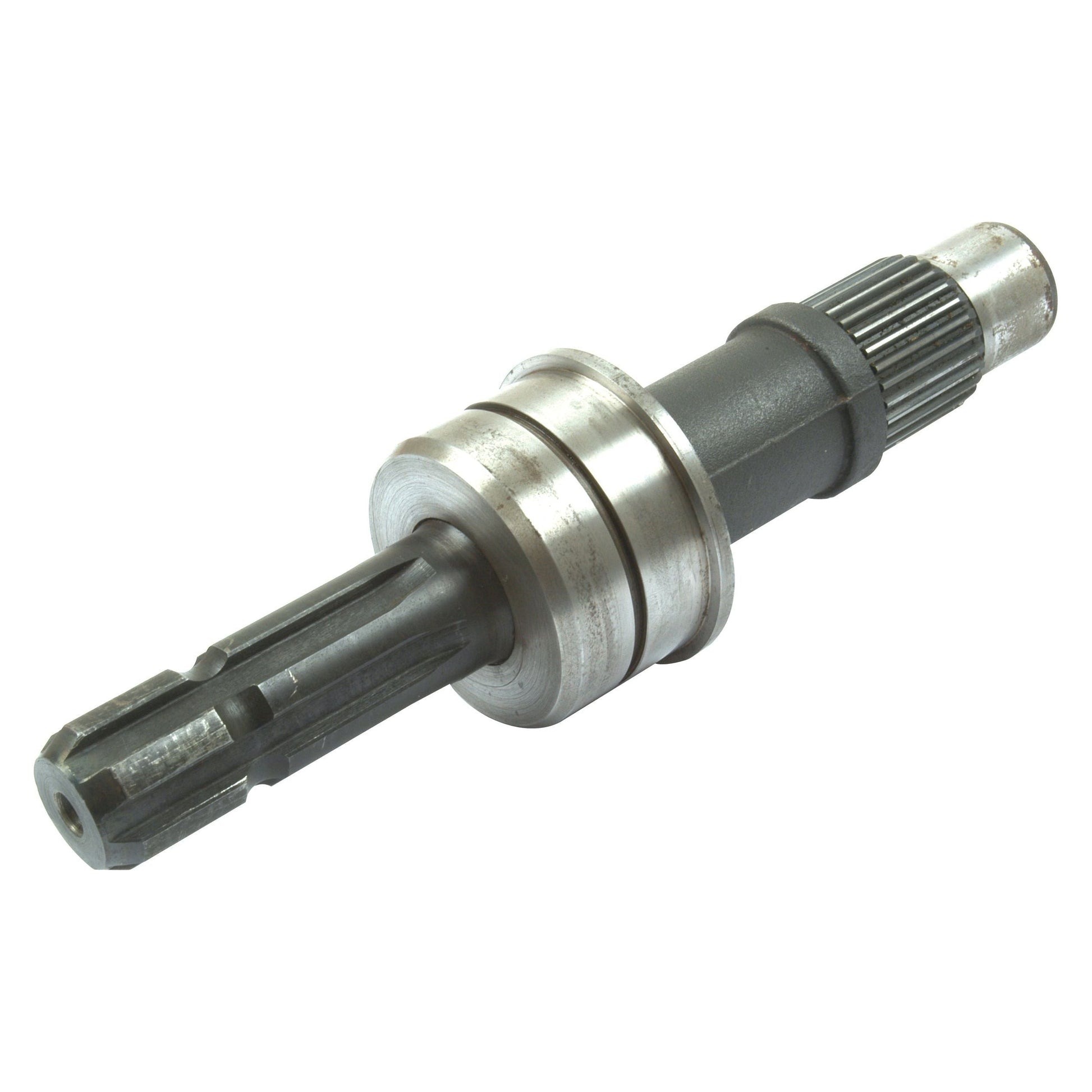 Close-up view of the PTO Shaft Display Stand - Stock not included - S.75352 by Sparex, showcasing its gear teeth, metal rings, and cylindrical body with intricate splines. The shaft seems to be a part of an industrial machine or automotive component.