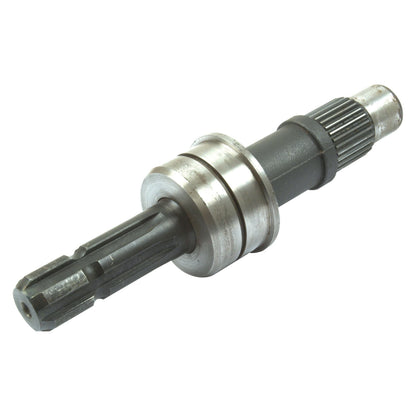 Close-up view of the PTO Shaft Display Stand - Stock not included - S.75352 by Sparex, showcasing its gear teeth, metal rings, and cylindrical body with intricate splines. The shaft seems to be a part of an industrial machine or automotive component.