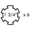 A diagram illustrating a circular shape with six notches and the dimension "1 3/4 inches" followed by an "x 6" notation, featuring elements of the Sparex PTO Yoke - Quick Release (U/J Size: 41 x 108mm), Sparex Part No. S.7542.