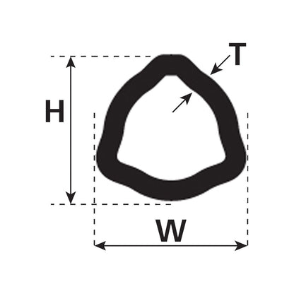Image of a black, irregular triangular shape with dimensions labeled. T measures thickness, W represents width, and H signifies height. This appears to be the PTO Tube - Triangle Profile by Sparex, which has a length of 3 meters (Product code: S.7547).