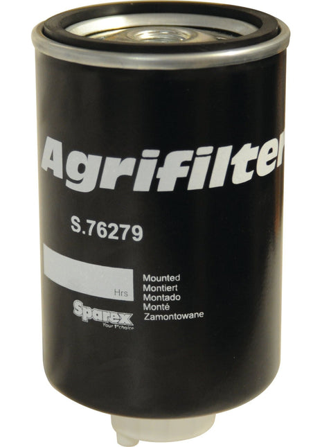 A black Sparex fuel filter, model number S.76279, compatible with Case IH/International Harvester and Deutz-Fahr equipment.