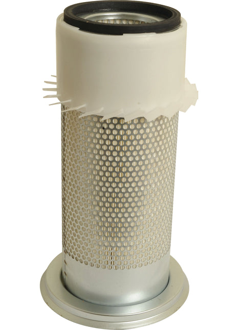 The Sparex Air Filter - Outer (Part No. S.76788) designed for the Deutz-Fahr AGROPLUS 60 features a cylindrical shape with a perforated metal exterior and a black rubber seal at the top.