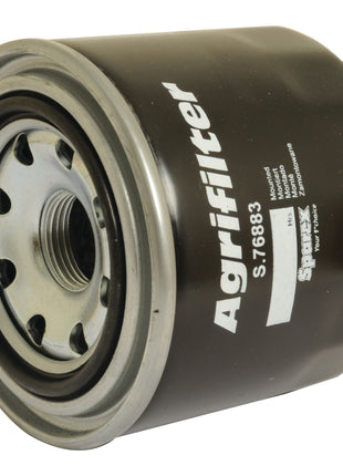 A black Sparex Spin On Fuel Filter (Sparex Part No. S.76883) with a metallic base and threaded hole for attachment, featuring the brand name and model number printed in white on the side.