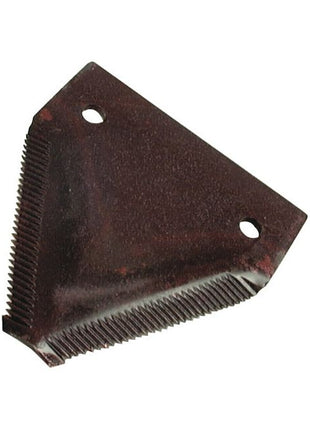 Close-up of a rusted, triangular Sparex Knife section with over serrated edges and two circular holes (Ø6.5mm, 52.5mm apart), possibly a replacement for Massey Ferguson D44103700 - S.78048. Dimensions: 81.5x76x2.75mm.

