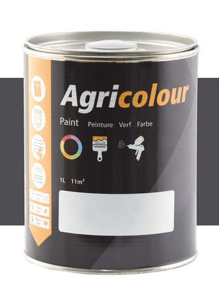 A 1-liter can of Sparex's Agricolour Metallic Dark Grey paint, featuring a black label adorned with various icons and the word "Paint" translated into multiple languages, showcases its impressive drying times. Perfect for achieving a metallic dark grey finish on any metal surface.