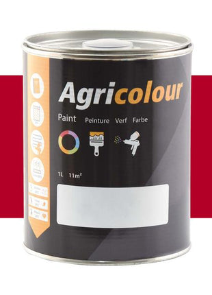 A 1-liter tin of Sparex Agricolour red gloss paint, part number S.82338, labeled in multiple languages and capable of covering 11 square meters. Ideal for metal surfaces, it offers a high-gloss finish against a red background.