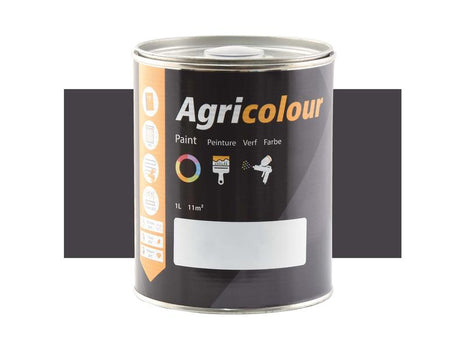 The Sparex Paint - Agricolour in Anthracite Grey, available in a 1-liter tin (Sparex Part Number: S.83040), features multilingual labels and icons illustrating its various uses and coverage area against a solid dark rectangle background. Perfect for preparing metal surfaces, it provides a stunning gloss finish.