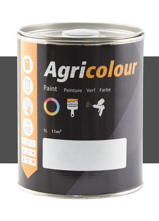 A Sparex 1-liter can of Agricolour paint in Brown Grey with a gloss finish, labeled in multiple languages (Paint, Peinture, Verf, Farbe) and featuring icons that indicate it is suitable for metal surfaces. The product is identified by part number S.83628.