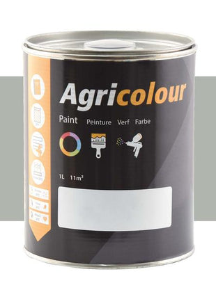 A one-liter tin of Sparex AgriColour paint, part number S.83661, featuring a black label with icons and multilingual text, is ideal for Metal Surface Preparation. This high-quality paint is available in Light Grey Metallic.