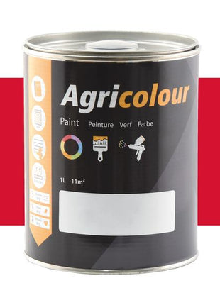 A 1-liter tin of Sparex-branded paint labeled "Agricolour - Super Red, Gloss" with icons indicating indoor use, various translations of the word "paint," and a blank white label area against a striking red and white background. Perfect for achieving a gloss finish on any metal surface.