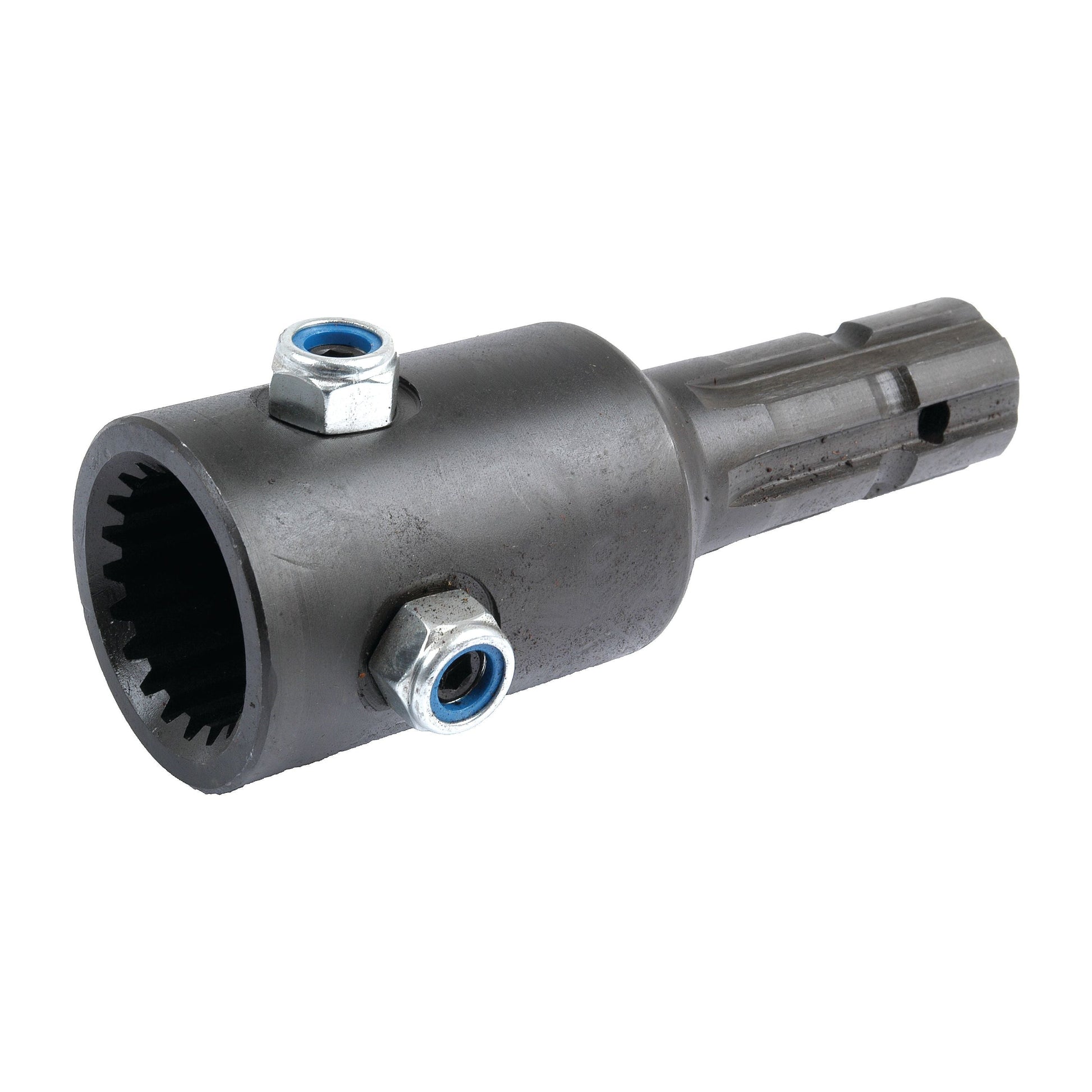 A cylindrical mechanical coupling with a splined interior designed as a PTO Adapter for 70HP applications, featuring two hexagonal bolts with blue fasteners and a grooved shaft, called the PTO Adaptor - Female Spline (S.8443) by Sparex.