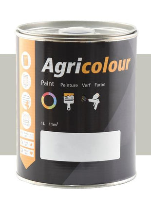 A one-liter tin of Sparex Agricolour paint with a black label displaying icons and text in multiple languages, perfect for metal surface preparation. Available in light grey metallic (Sparex Part Number: S.85598).